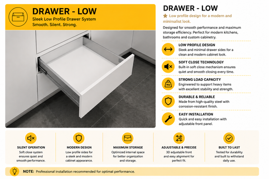 Low-profile kitchen cabinet drawer box hardware