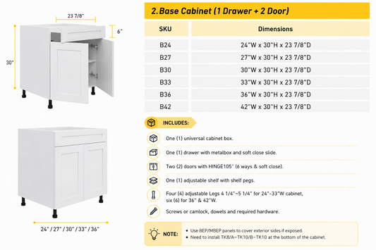 Base cabinet family B24, B27, B30, B33, B36 and B42 with dimensions and included components