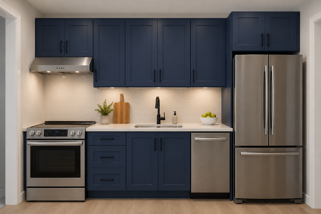 Blue shaker kitchen cabinet package used for kitchen pricing examples