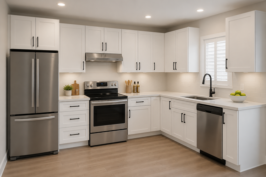 White shaker kitchen cabinet door style in a complete kitchen