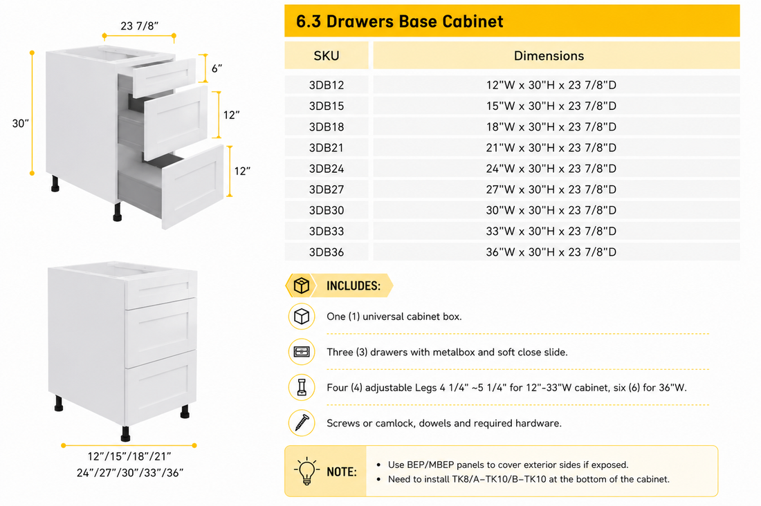 Drawer base kitchen cabinet sizes and configurations
