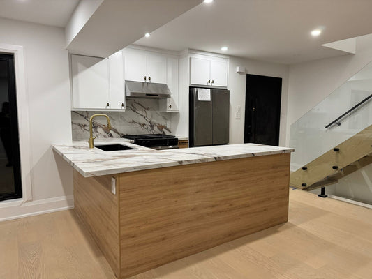 Upper kitchen cabinetry example for bulkhead and soffit planning in Burlington and Milton