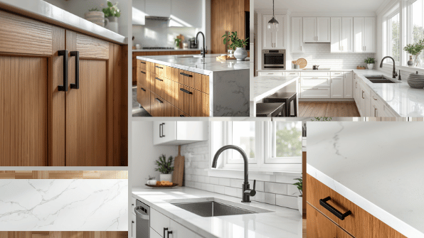 Modern white and natural wood kitchen cabinets with quartz countertops