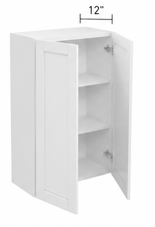 A product specification sheet for a 12-2. Wall Cabinet 2 Door, showing two white cabinet views with dimension callouts and a table listing SKU numbers and dimensions from 27" x 42" x 12" to 35" x 42" x 12".