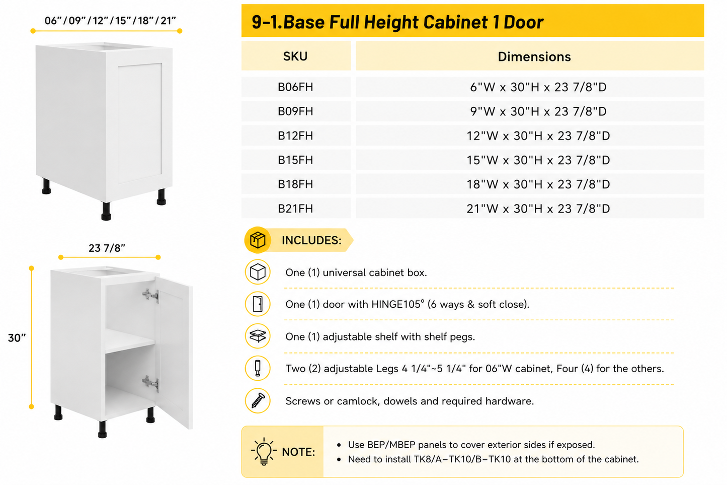 Full-Height Base Cabinet – 9 in. W × 30 in. H – B09FH