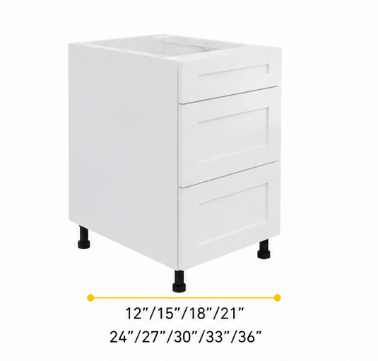 Three-drawer frameless base kitchen cabinet
