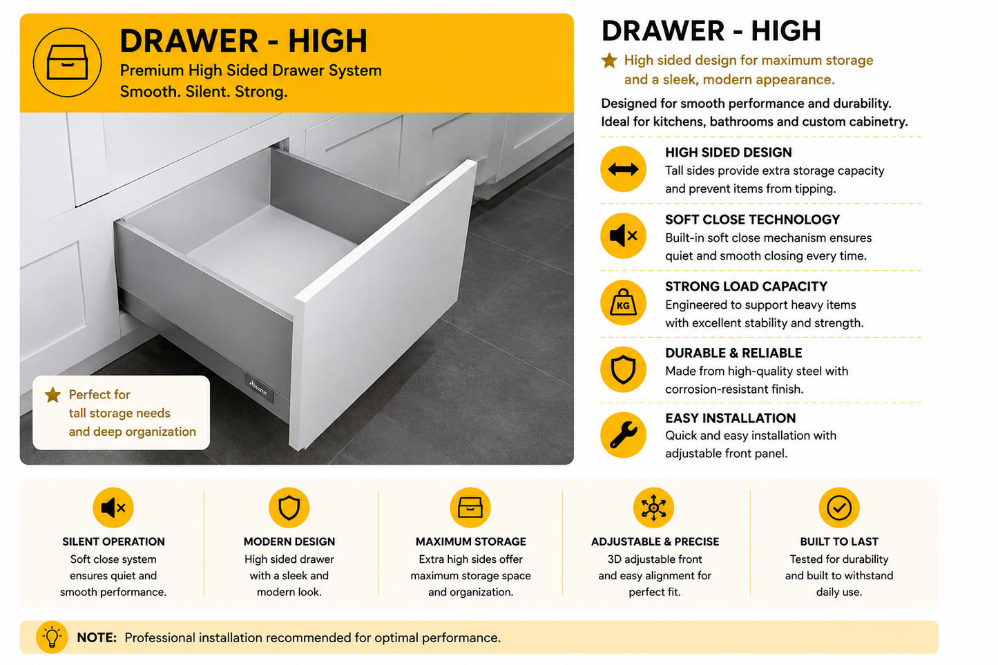 High-profile kitchen cabinet drawer box hardware
