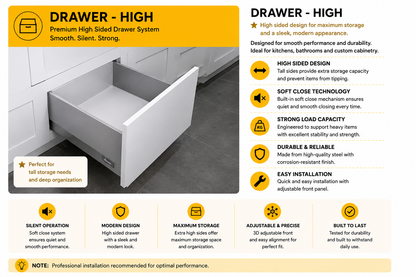 High-profile kitchen cabinet drawer box hardware