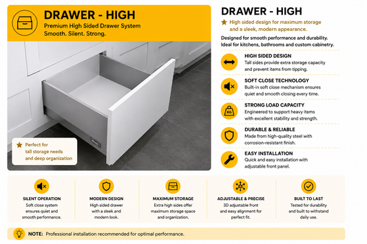 High-profile kitchen cabinet drawer box hardware