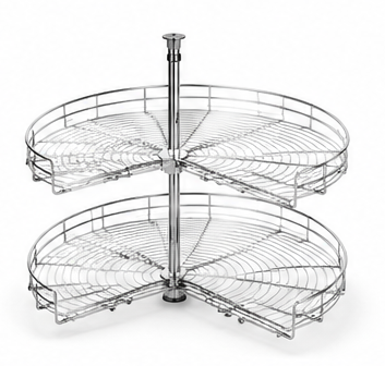 An infographic diagram for the Lazy Susan Corner Cabinet, showing two models: BLS33 for a 31 1/2" x 9" cabinet and BLS36 for a 34 1/2" x 9" cabinet. The graphic features a 3D rendering of the silver metal lazy susan, dimension details, weight capacity, and feature highlights on a white background with yellow and orange accents.