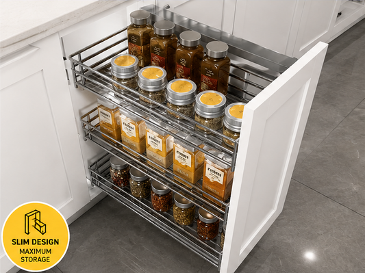 An infographic for a pull-out spice rack, showing a photo of the rack installed inside a white kitchen cabinet with spice jars inside. The graphic includes text callouts for three models (BSR06, BSR09, BSR12), dimensions, and feature icons for slim design, durable construction, soft-close slides, easy access, and easy installation.