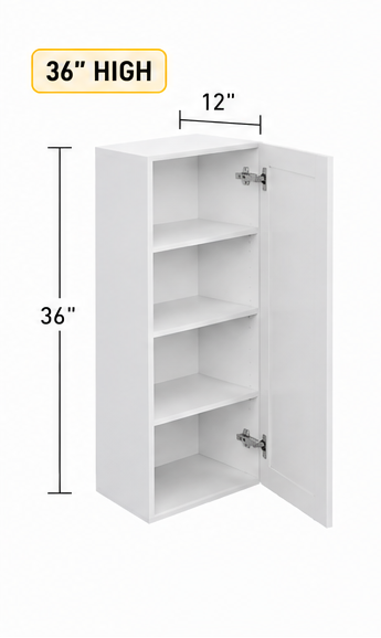 A product information graphic for a white 11-1 wall cabinet, showing three cabinet height options with dimension callouts, a SKU table, and an included items list on a white background.