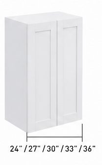 A product information sheet showing three white wall cabinets with different heights (30 inches, 36 inches, and 42 inches) alongside a dimension table and specifications for a 12-1. Wall Cabinet 2 Door SKU.