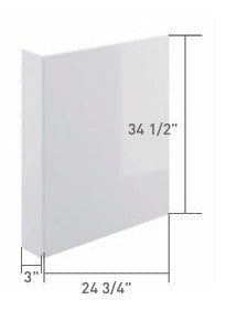 A product specification sheet showing a dishwasher end panel with dimensions and included parts. The panel is shown as a white rectangular sheet with a small side dimension diagram.