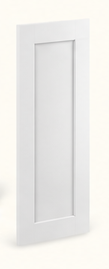 A product information graphic for a Shaker Style End Panel cabinet trim, showing a white panel with dimension callouts, feature icons, SKU table, and installation notes on a yellow and white background.