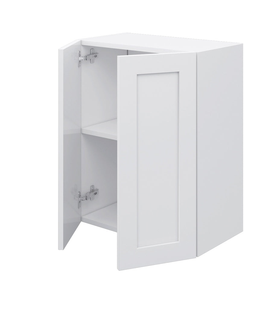 A white wall cabinet with one door open, showing two interior shelves and silver metal hinges, isolated on a white background.