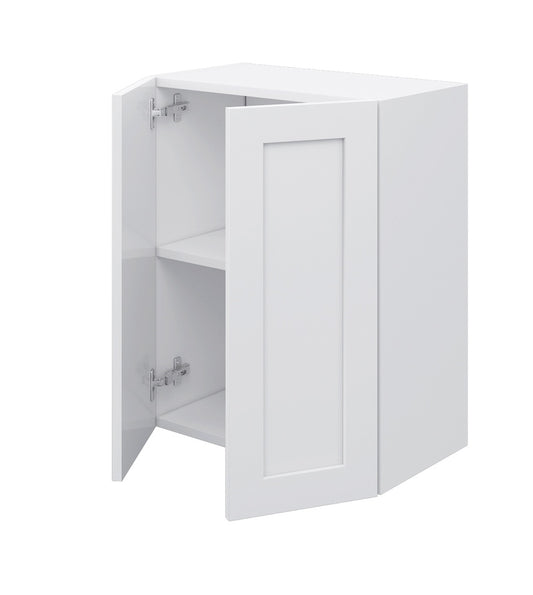 A white wall cabinet with one door open, showing two interior shelves and silver metal hinges, isolated on a white background.