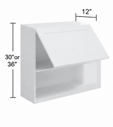 Product information graphic for a wall bi-fold cabinet, showing two white cabinet views with dimension callouts, SKU text, dimensions for WBF3030 and WBF3630, and a list of included features and notes on a white background.