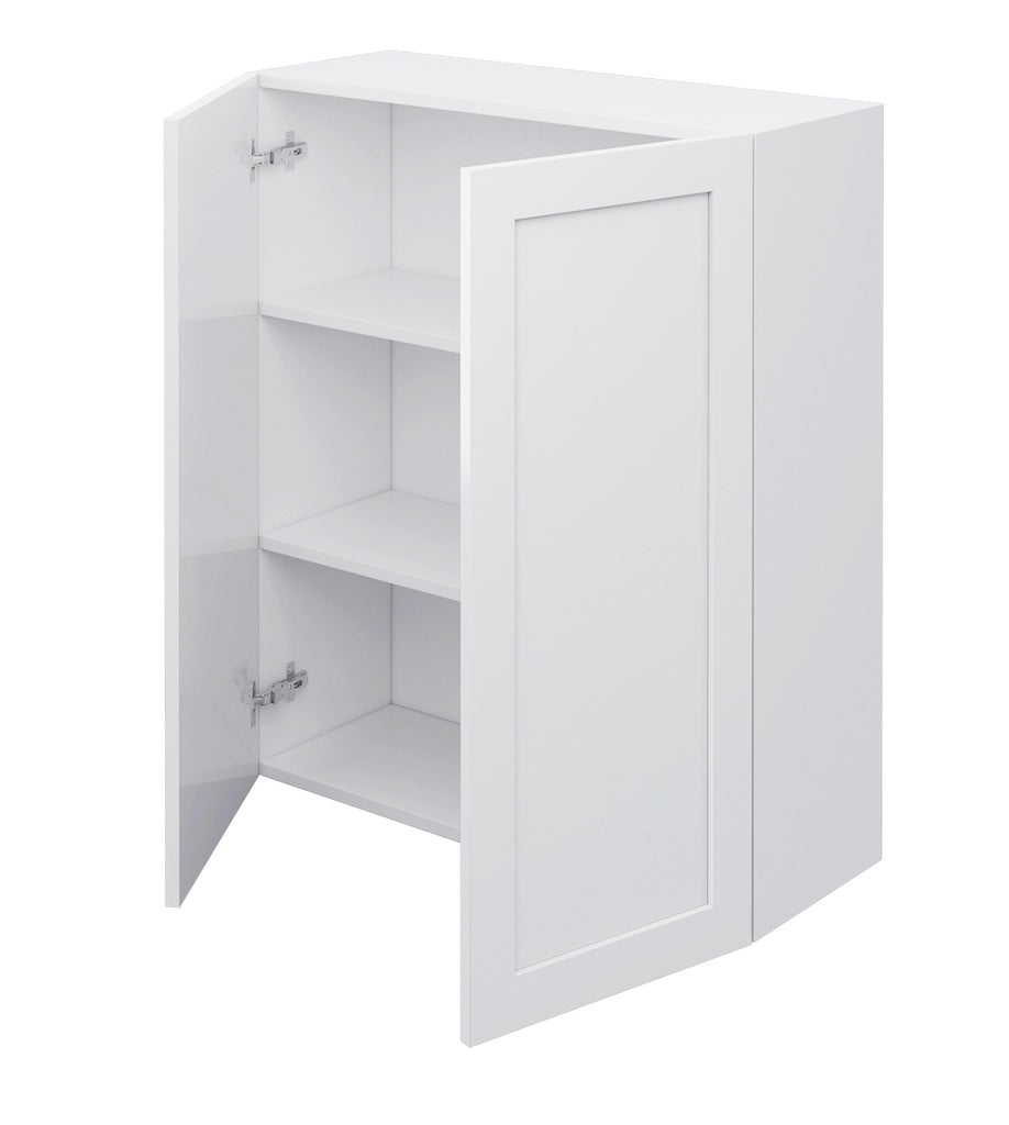 A white wall-mounted storage cabinet with one door open, showing three interior shelves and silver metal hinges, isolated on a white background.