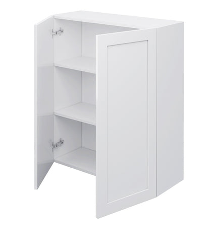 A white wall-mounted storage cabinet with one door open, showing three interior shelves and silver metal hinges, isolated on a white background.