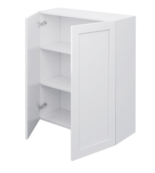 A white wall-mounted storage cabinet with one door open, showing three interior shelves and silver metal hinges, isolated on a white background.