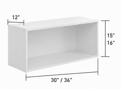 A product specification sheet for a wall open box storage cabinet, showing three white cabinet views with dimensions, a SKU table, and included accessories on a white background.